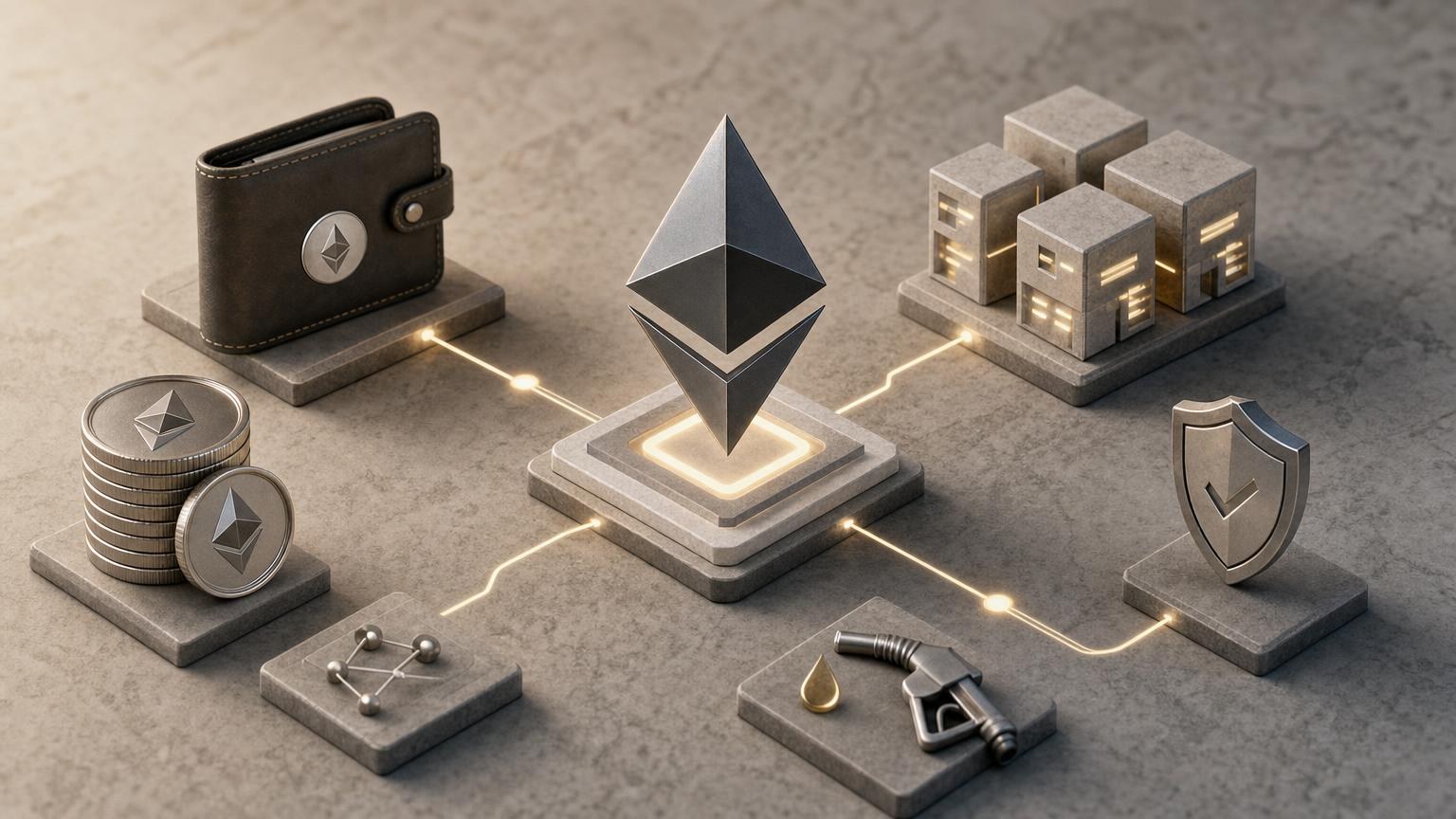 Schema dei termini che collegano ETH, rete Ethereum, gas, commissione finale, conferme e identificativo della transazione